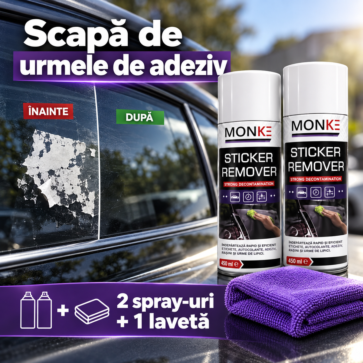 Etichetele se duc, urmele de lipici dispar! 2 spray-uri MONKE + lavetă inclusă Glorio