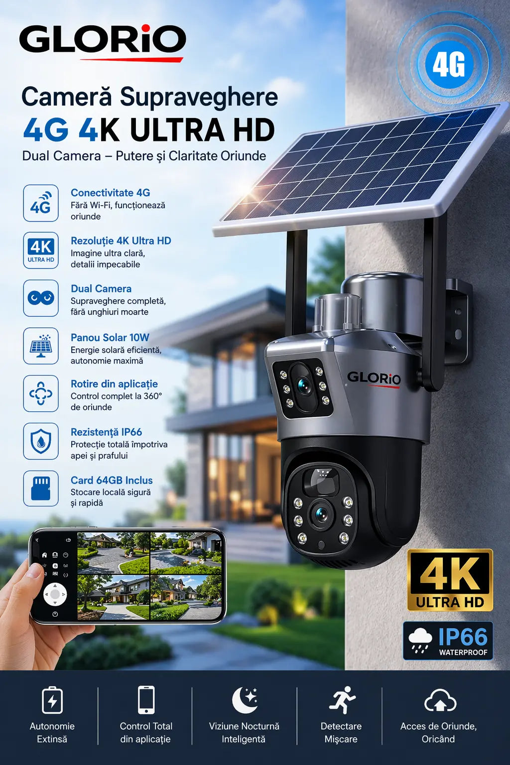 Pachet Single sau Dublă Protecție: Set 2 Camere Supraveghere GLORIO – Wi-Fi, 4K Ultra HD + 2 CARDURI 64GB CADOU Glorio.ro