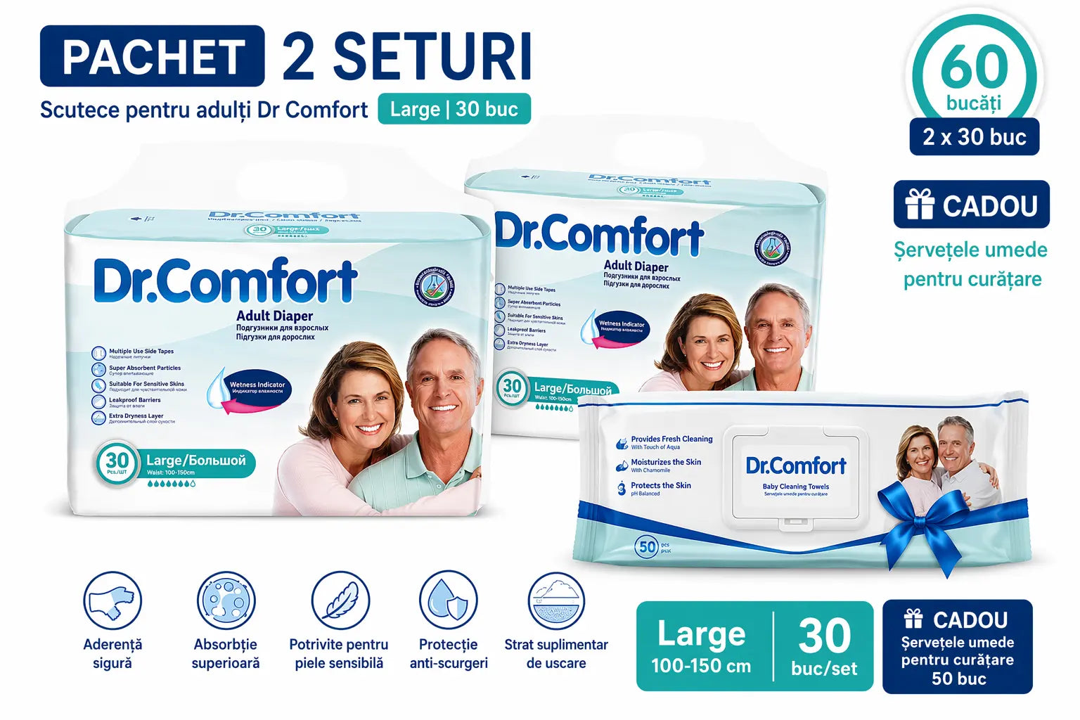 Set 4 Baxuri Scutece Dr. Comfort pentru Adulți ( 120 bucati ) + CADOU 2 Pachete Șervețele Umede Glorio.ro