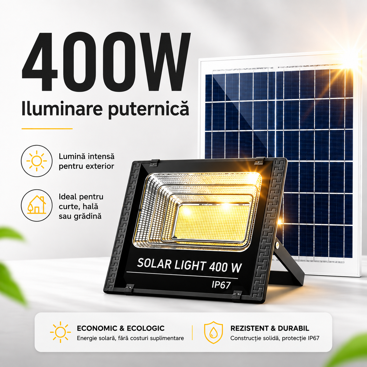 Proiector Solar LED 400W cu Panou Solar Separat – IP67, rezistent la ploaie Glorio