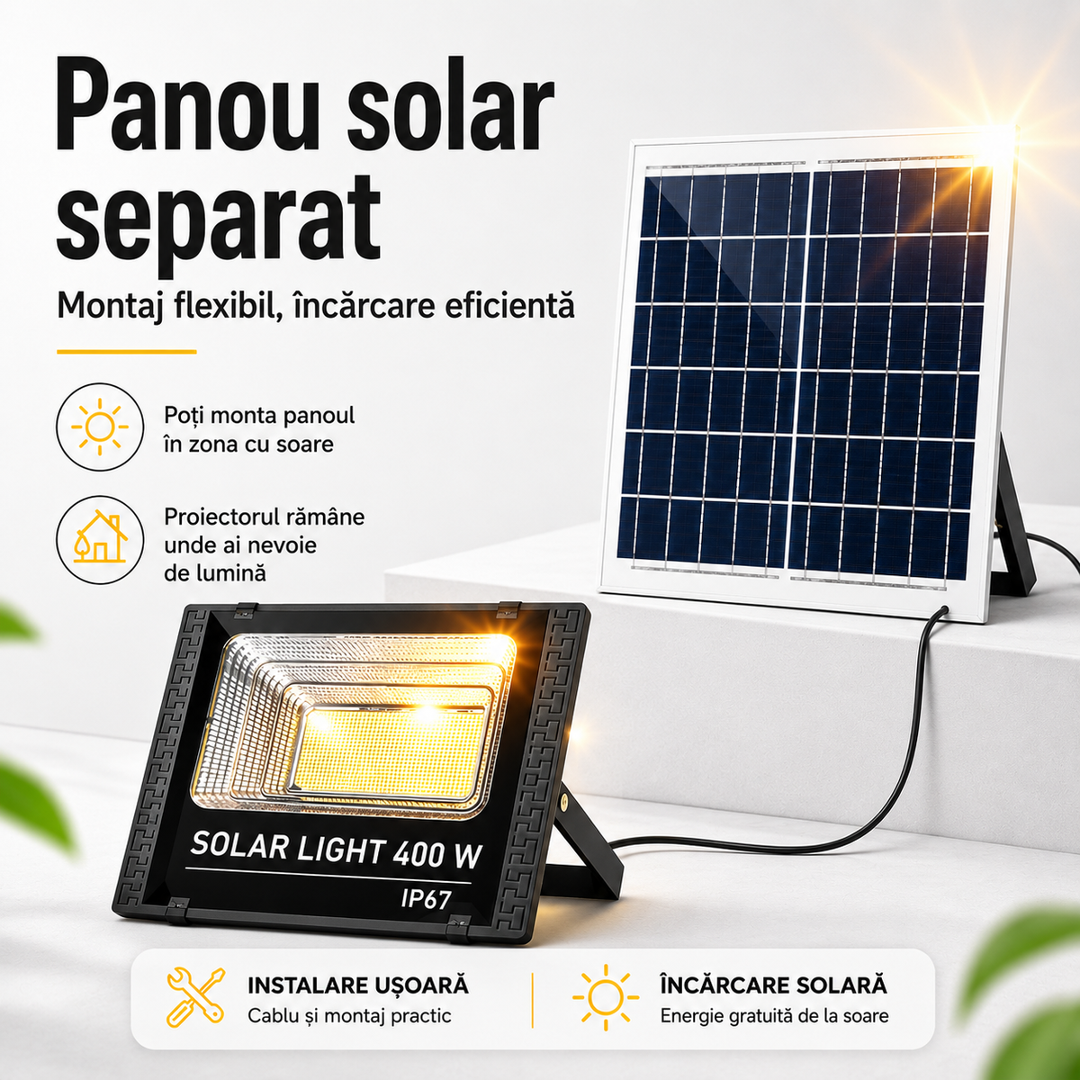 Proiector Solar LED 400W cu Panou Solar Separat – IP67, rezistent la ploaie Glorio