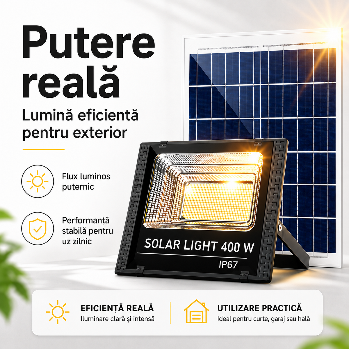 Proiector Solar LED 400W cu Panou Solar Separat – IP67, rezistent la ploaie Glorio