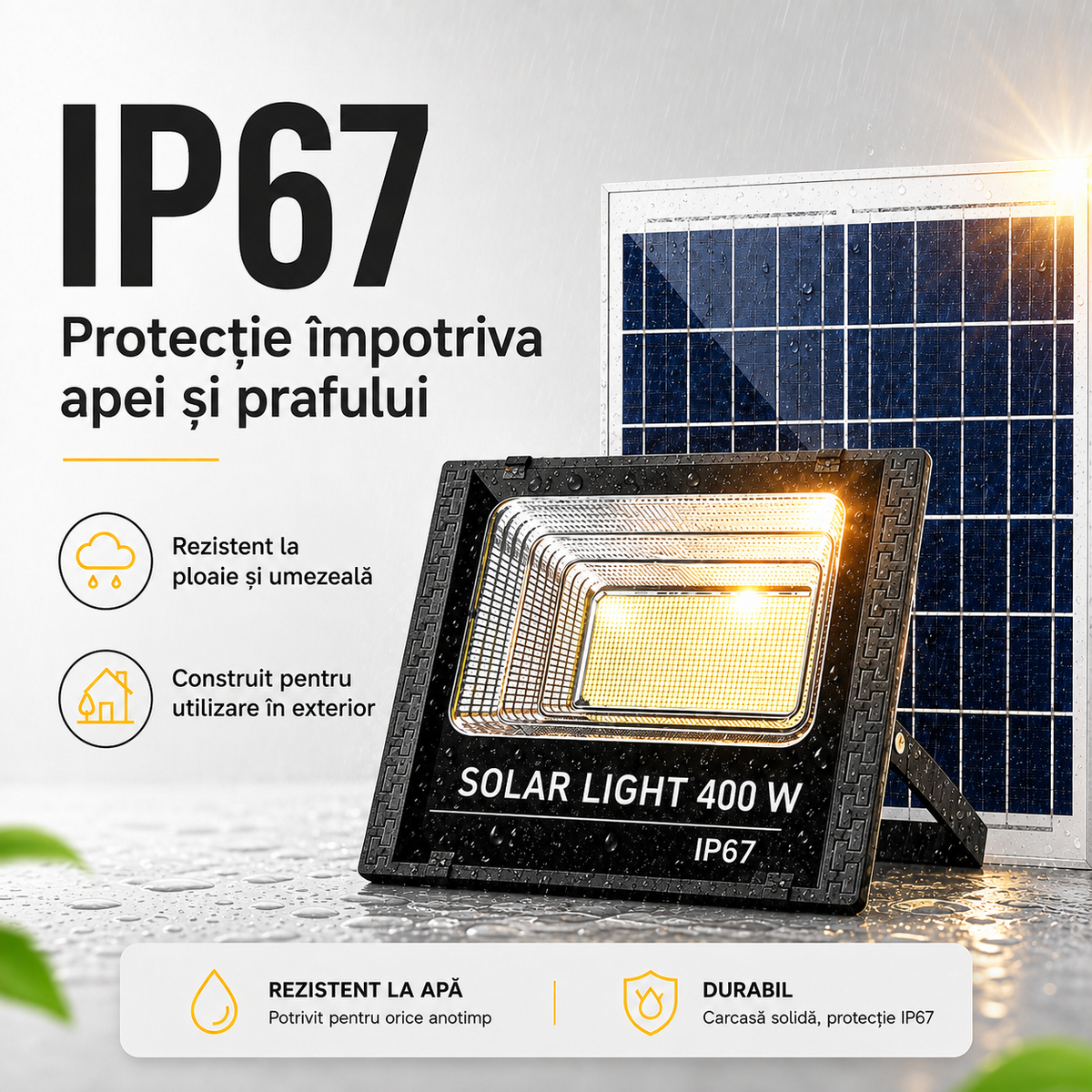 Proiector Solar LED 400W cu Panou Solar Separat – IP67, rezistent la ploaie Glorio