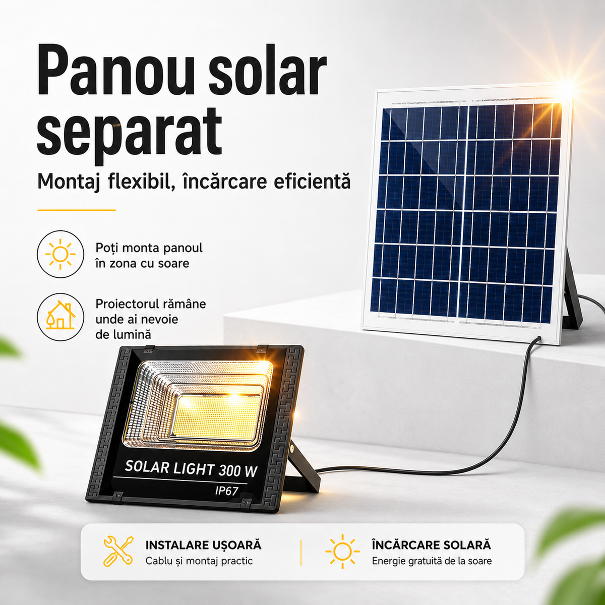 Proiector Solar LED 400W cu Panou Solar Separat – IP67, rezistent la ploaie Glorio