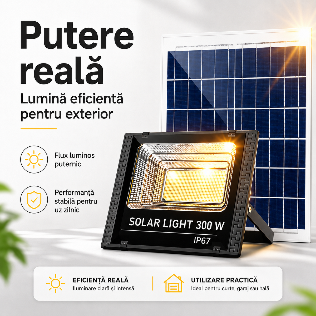 Proiector Solar LED 400W cu Panou Solar Separat – IP67, rezistent la ploaie Glorio