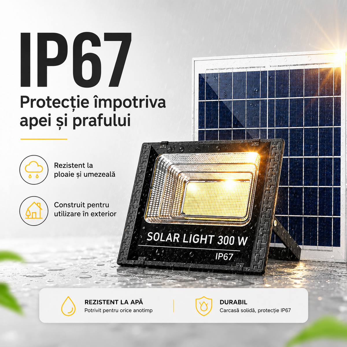 Proiector Solar LED 400W cu Panou Solar Separat – IP67, rezistent la ploaie Glorio
