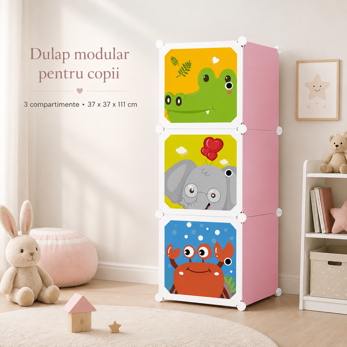 Organizator / Dulap Modular pentru Copii cu 3 Compartimente – 37 x 37 x 111 cm Glorio