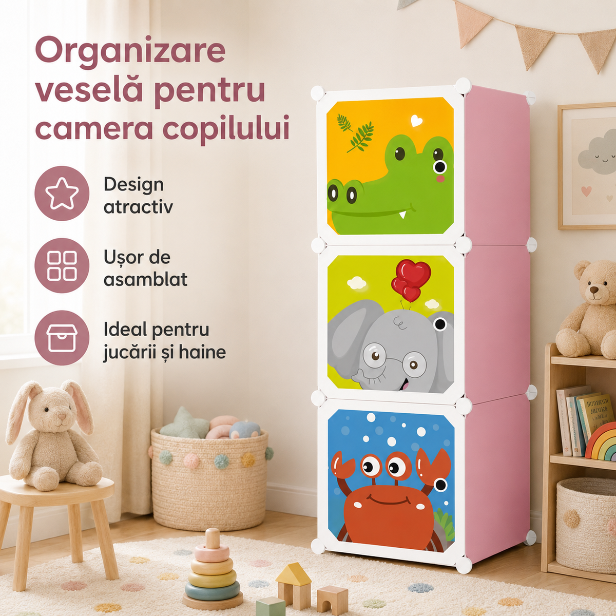 Organizator / Dulap Modular pentru Copii cu 3 Compartimente – 37 x 37 x 111 cm Glorio