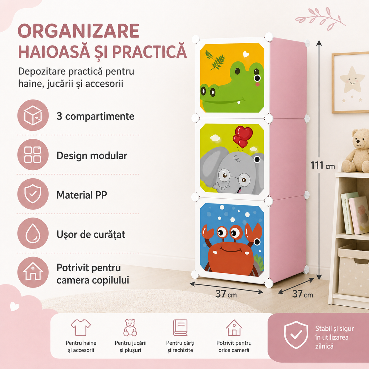 Organizator / Dulap Modular pentru Copii cu 3 Compartimente – 37 x 37 x 111 cm Glorio
