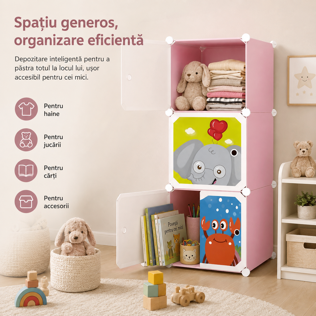 Organizator / Dulap Modular pentru Copii cu 3 Compartimente – 37 x 37 x 111 cm Glorio