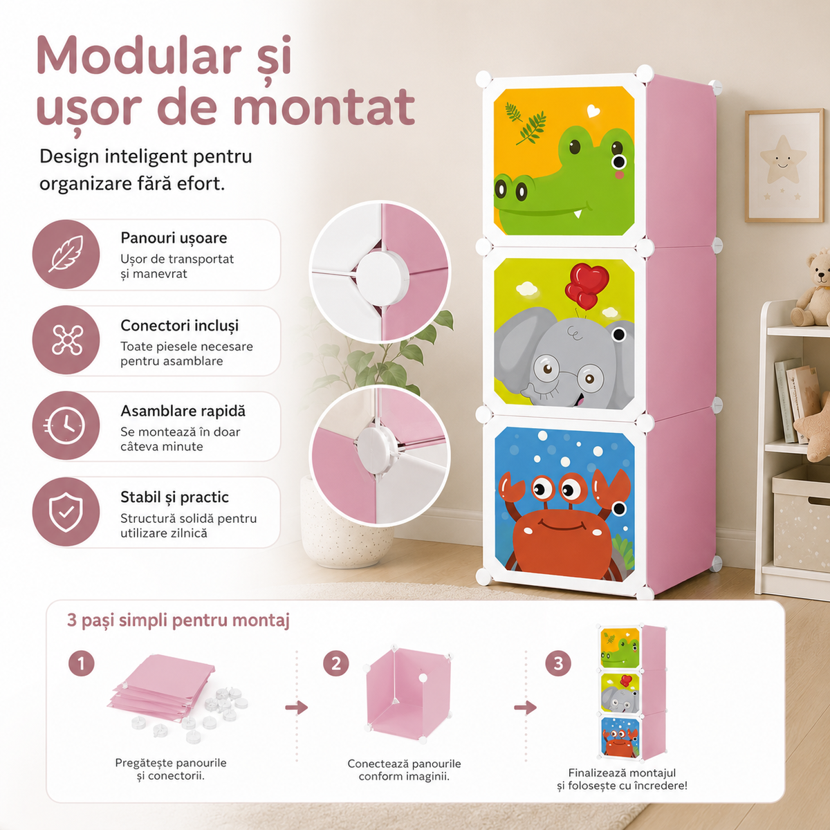 Organizator / Dulap Modular pentru Copii cu 3 Compartimente – 37 x 37 x 111 cm Glorio
