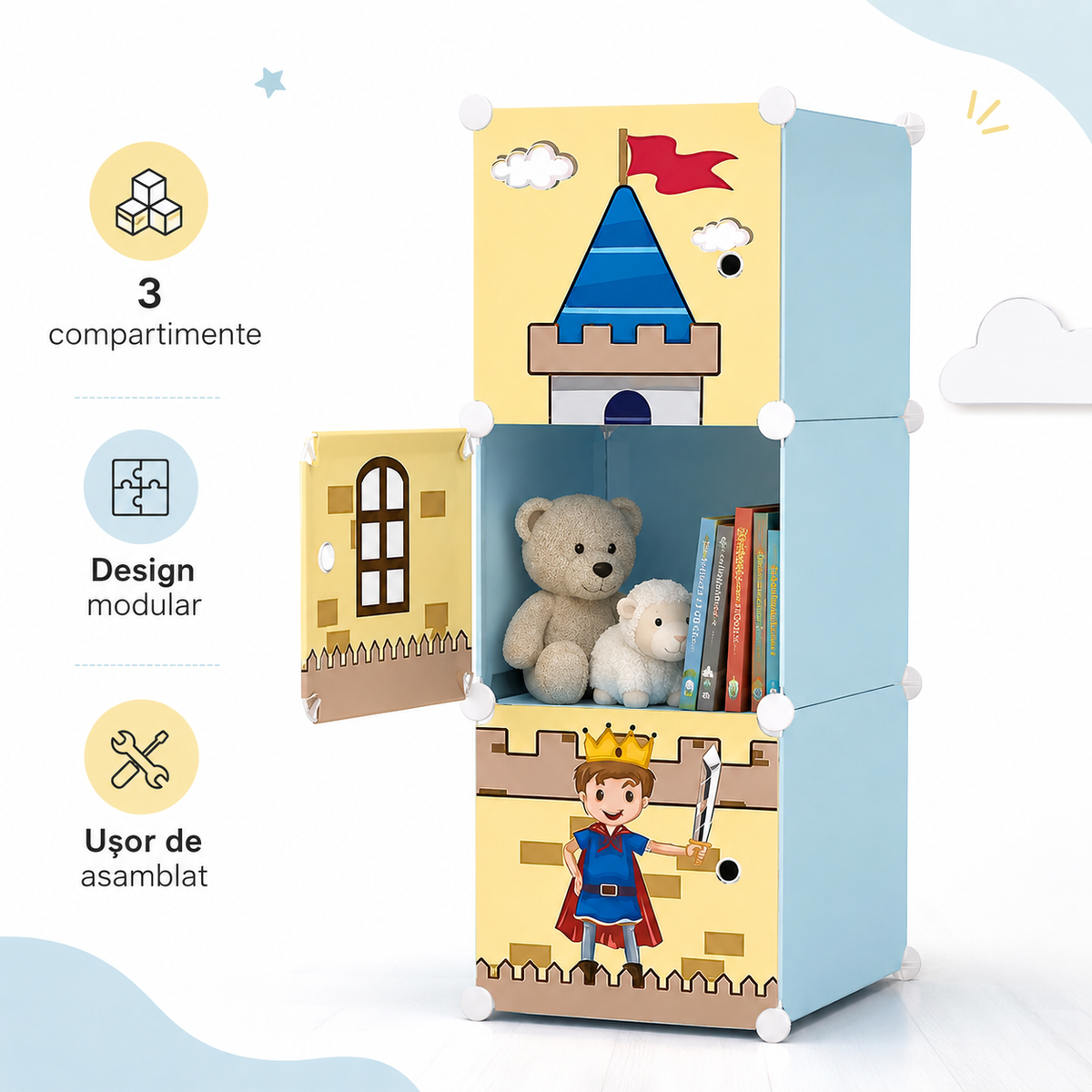 Organizator / Dulap Modular pentru Copii cu 3 Compartimente – 37 x 37 x 111 cm Glorio