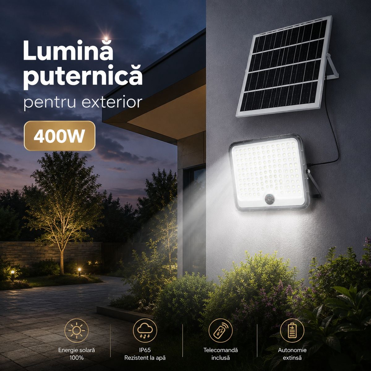 Proiector Solar LED Puternic cu Panou Solar Separat, Telecomandă și Protecție IP65 Glorio