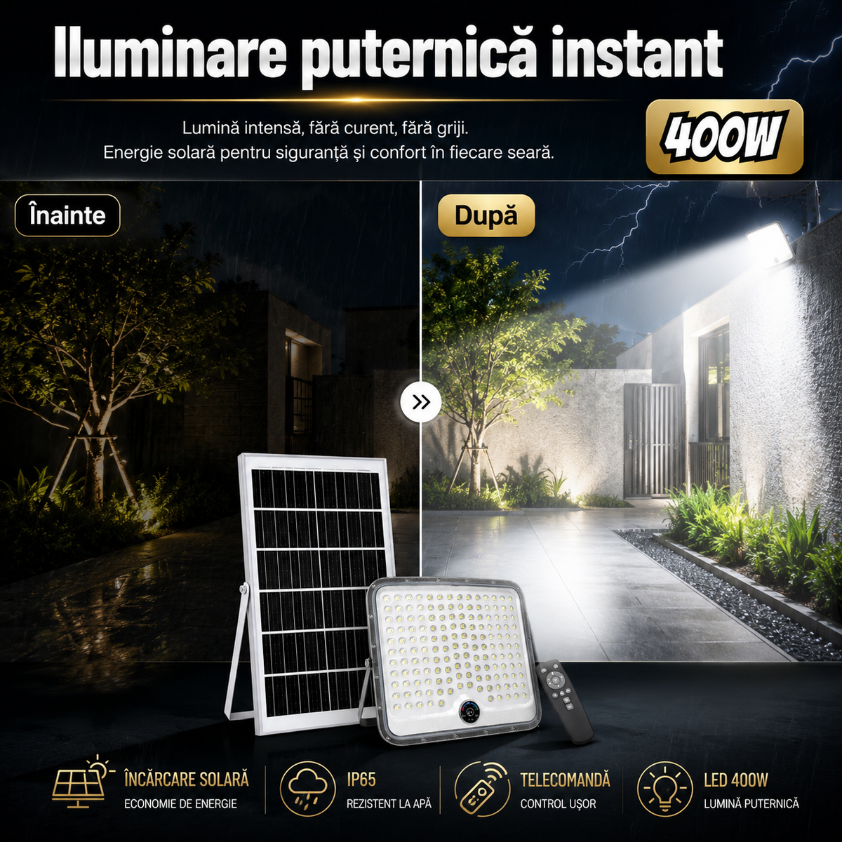 Proiector Solar LED Puternic cu Panou Solar Separat, Telecomandă și Protecție IP65 Glorio