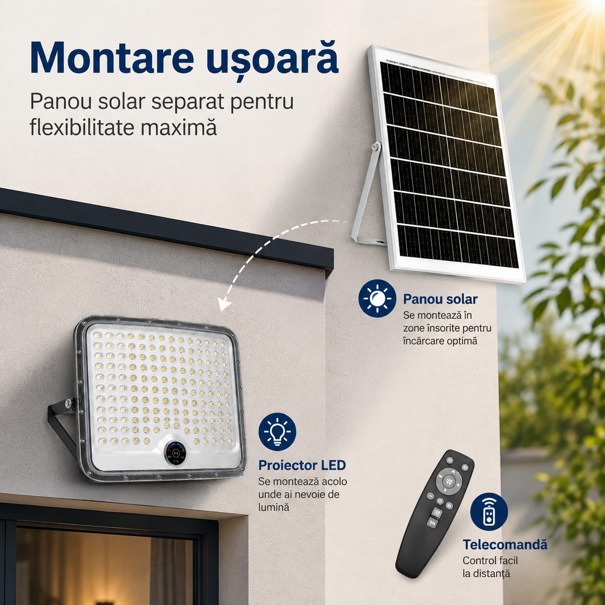 Proiector Solar LED Puternic cu Panou Solar Separat, Telecomandă și Protecție IP65 Glorio