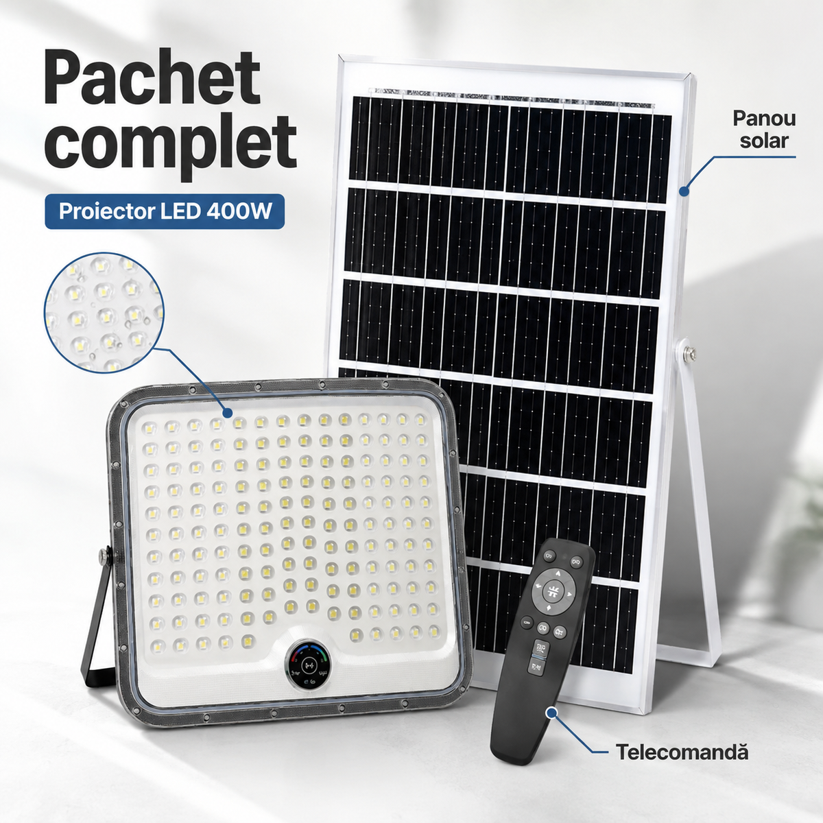 Proiector Solar LED Puternic cu Panou Solar Separat, Telecomandă și Protecție IP65 Glorio