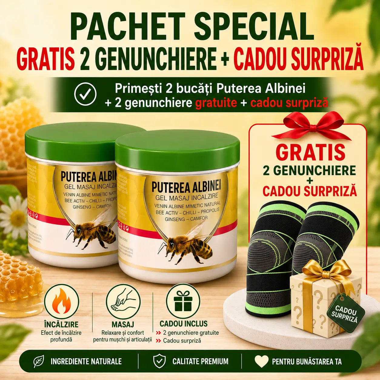 Pachet Special Puterea Albinei: 2 x Gel Masaj Încălzitor cu Venin Mimetic + GRATIS 2 Genunchiere Premium + Cadou Surpriză Glorio