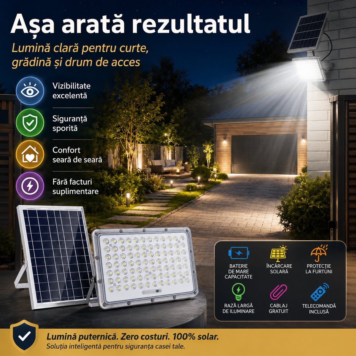 Lampă Solară 5000W cu Panou Separat – Iluminare Puternică pentru Curte, Garaj și Drum de Acces Glorio