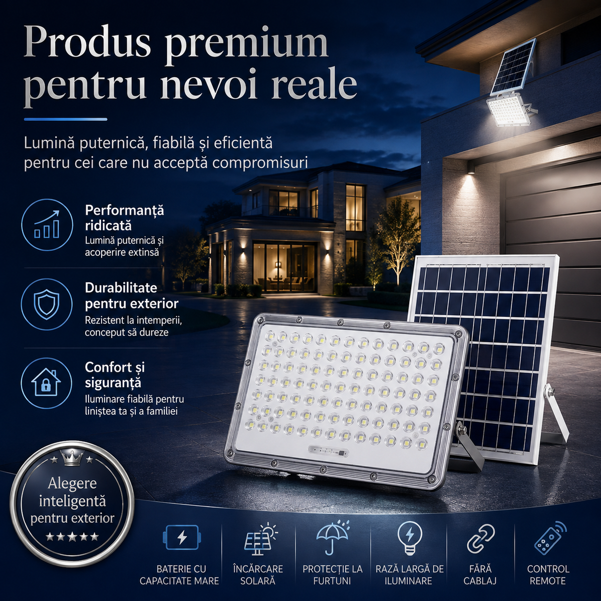 Lampă Solară 5000W cu Panou Separat – Iluminare Puternică pentru Curte, Garaj și Drum de Acces Glorio