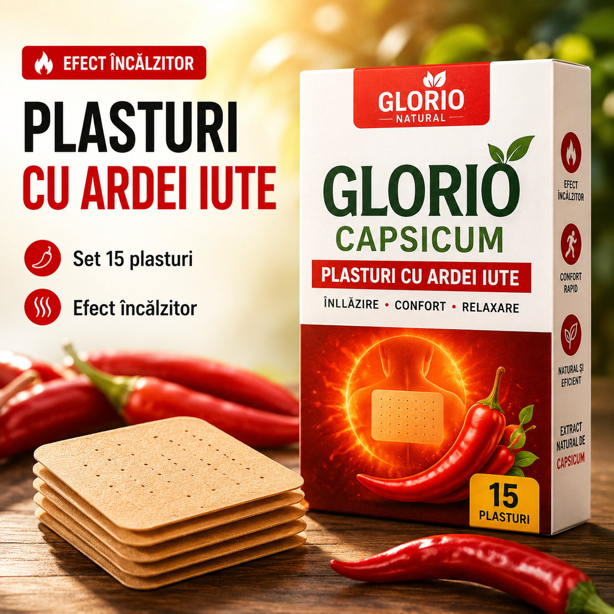Plasturi cu Ardei Iute Capsicum – Set 15 Bucăți cu Efect Încălzitor pentru Spate, Umeri și Articulații Glorio