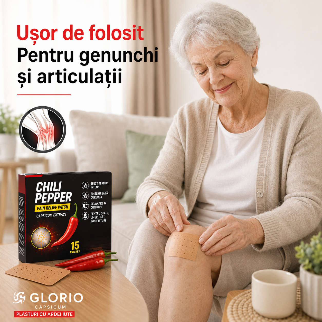 Plasturi cu Ardei Iute Capsicum – Set 15 Bucăți cu Efect Încălzitor pentru Spate, Umeri și Articulații Glorio