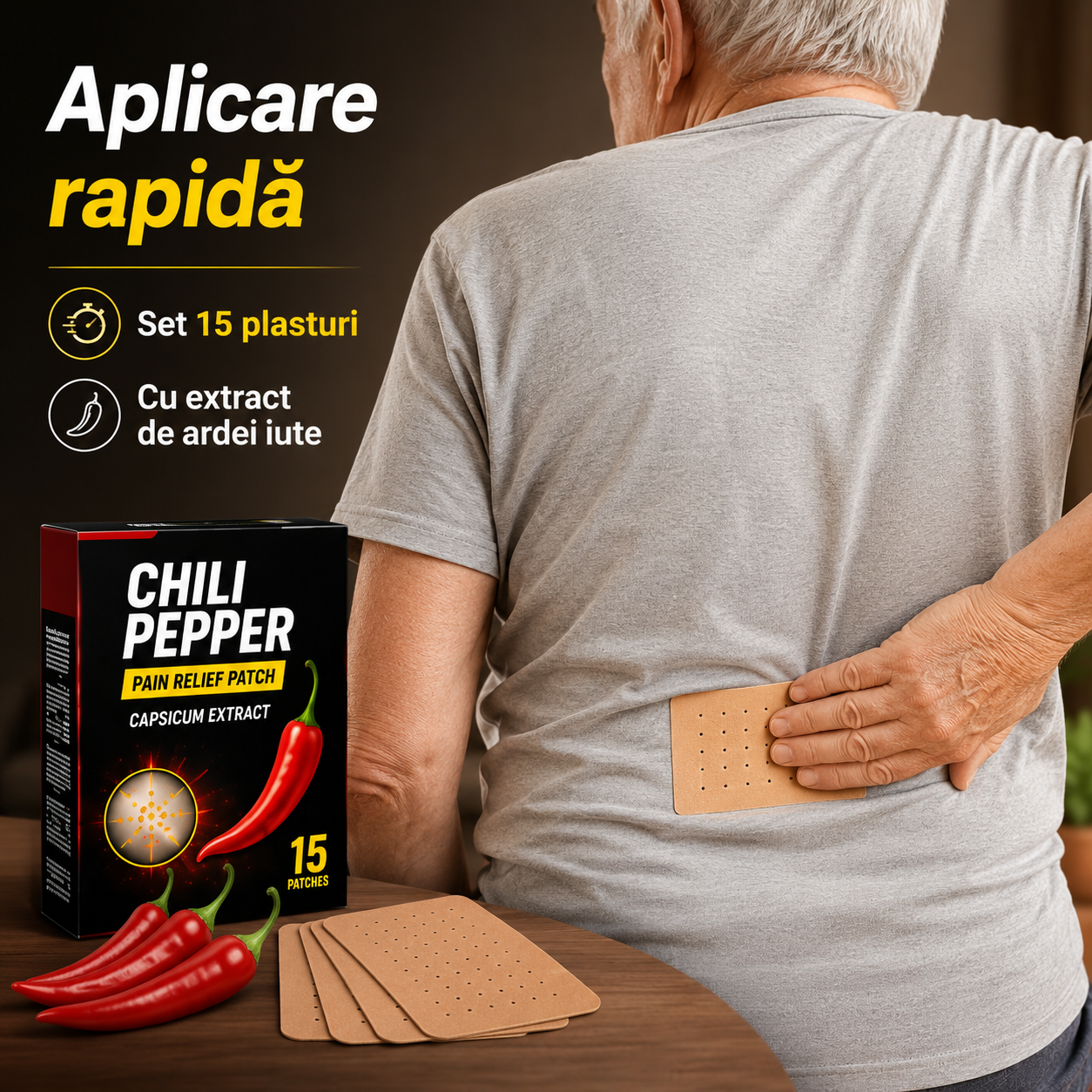 Plasturi cu Ardei Iute Capsicum – Set 15 Bucăți cu Efect Încălzitor pentru Spate, Umeri și Articulații Glorio