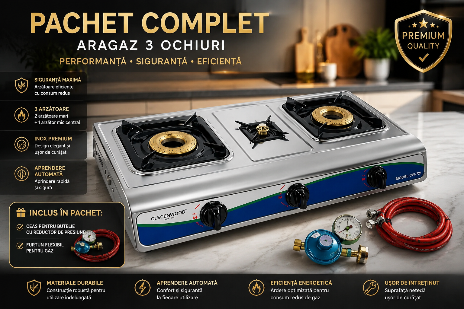 Pachet : Aragaz portabil 3 ochiuri, inox, pachet complet cu furtun și ceas pentru butelie Glorio
