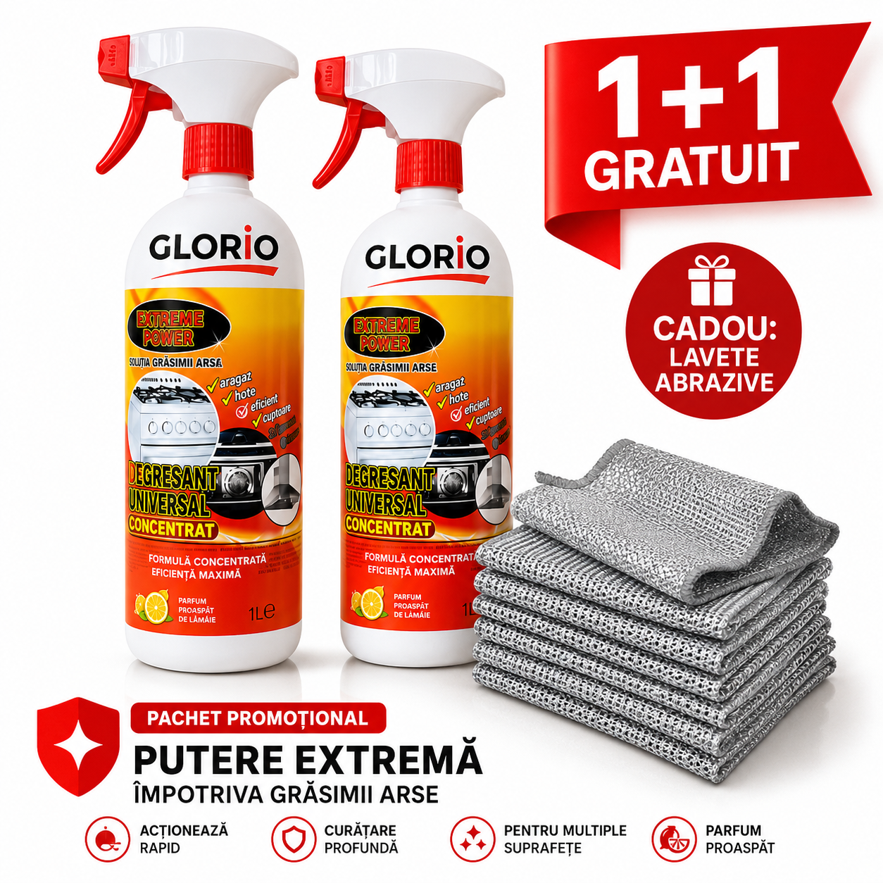 Pachet Promoțional GLORIO 1+1 Gratuit – Degresant Universal Concentrat 1L + Lavete Abrazive Cadou Glorio