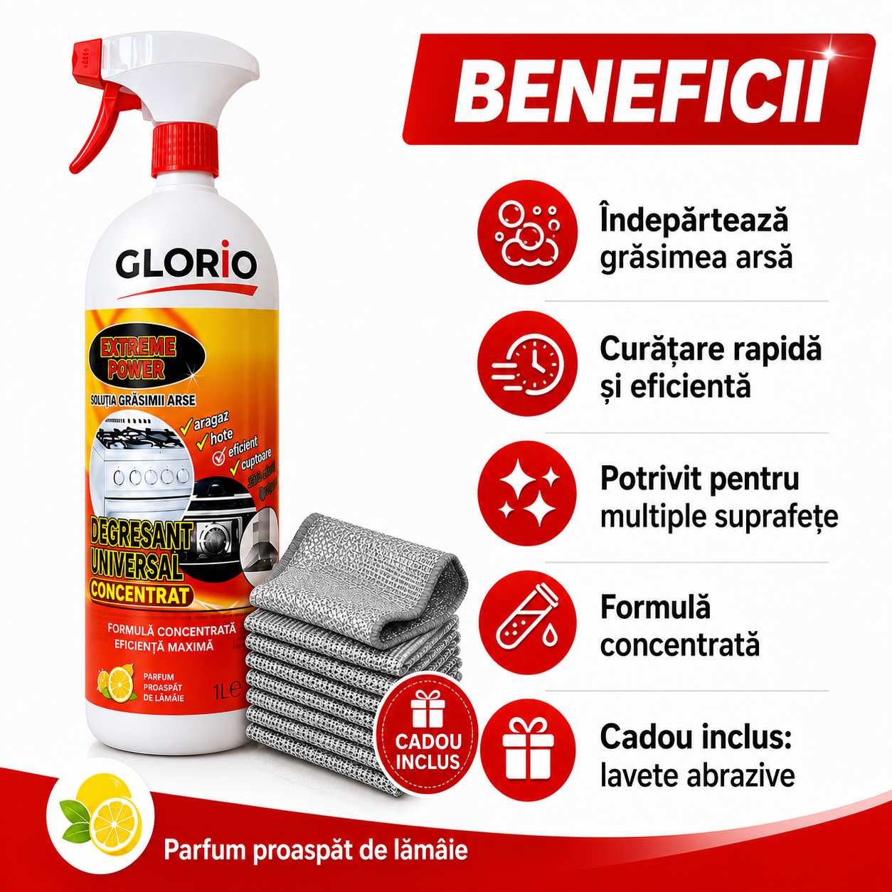 Pachet Promoțional GLORIO 1+1 Gratuit – Degresant Universal Concentrat 1L + Lavete Abrazive Cadou Glorio