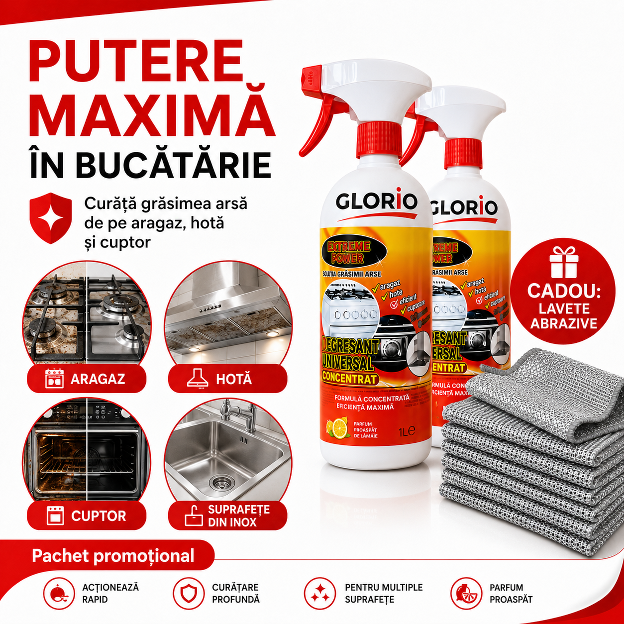 Pachet Promoțional GLORIO 1+1 Gratuit – Degresant Universal Concentrat 1L + Lavete Abrazive Cadou Glorio