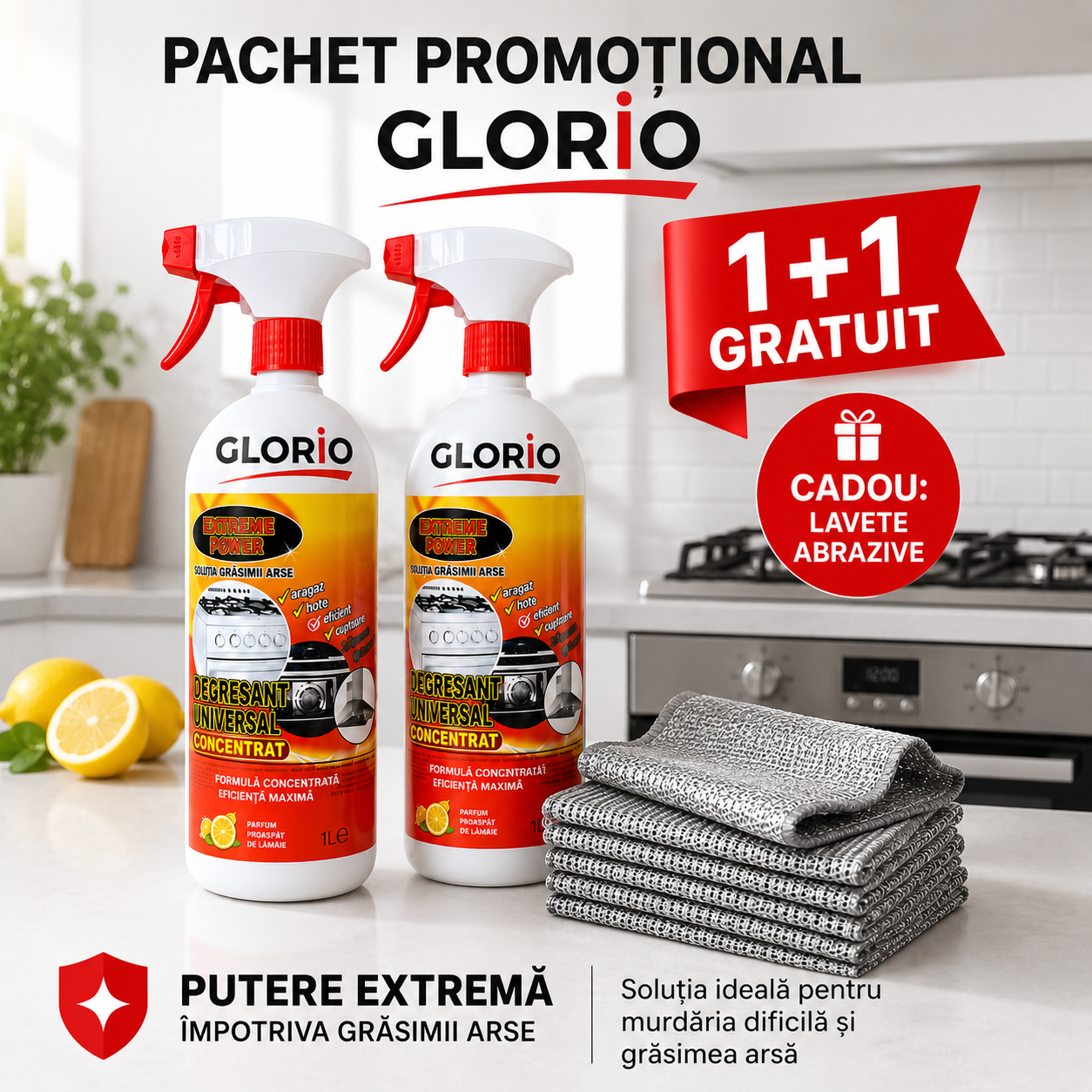 Pachet Promoțional GLORIO 1+1 Gratuit – Degresant Universal Concentrat 1L + Lavete Abrazive Cadou Glorio
