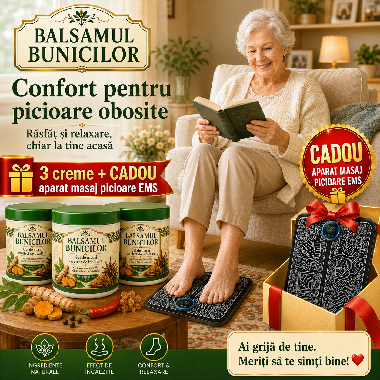 Pachet Senior Confort – 3x Balsamul Bunicilor + Aparat de Masaj Picioare EMS CADOU Glorio