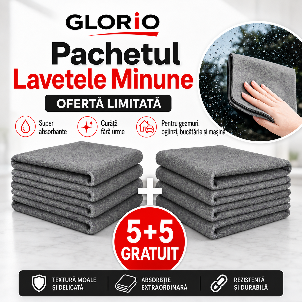 5+5 Gratuit!  Lavete Minune GLORIO 30x30 cm – Super Absorbante, Fără Urme, Glorio
