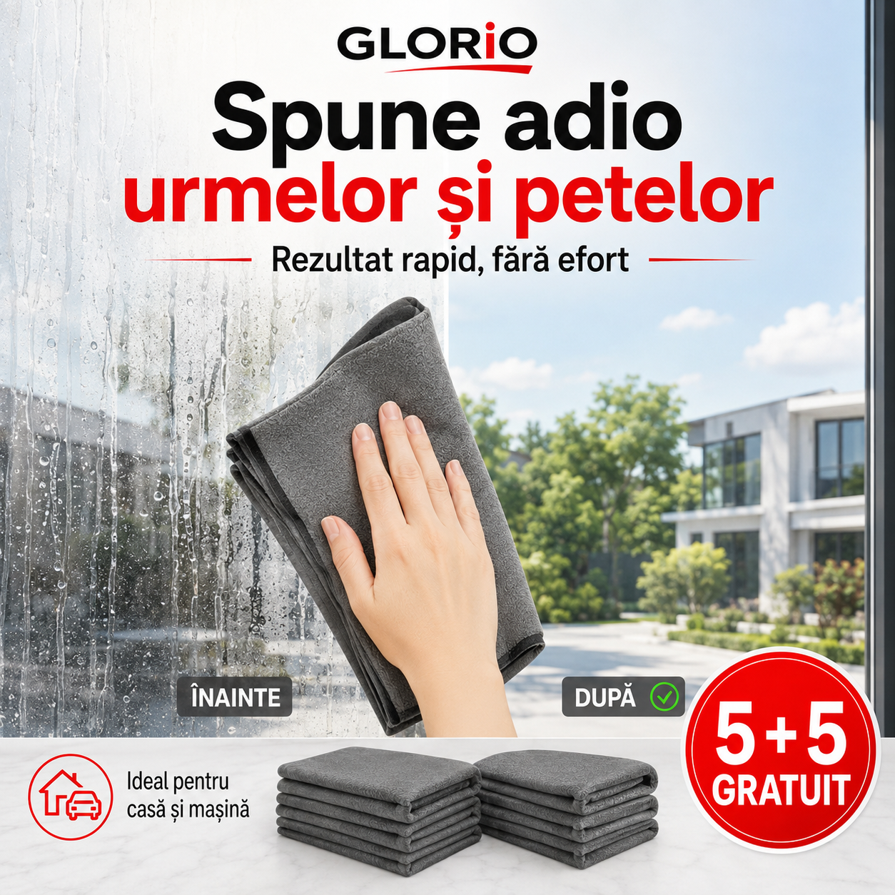 5+5 Gratuit!  Lavete Minune GLORIO 30x30 cm – Super Absorbante, Fără Urme, Glorio