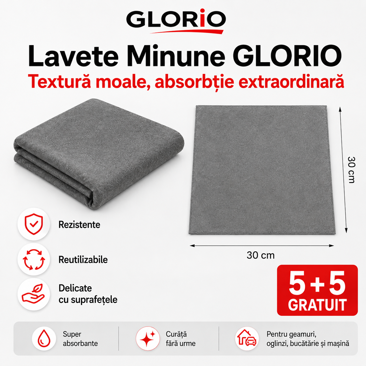 5+5 Gratuit!  Lavete Minune GLORIO 30x30 cm – Super Absorbante, Fără Urme, Glorio