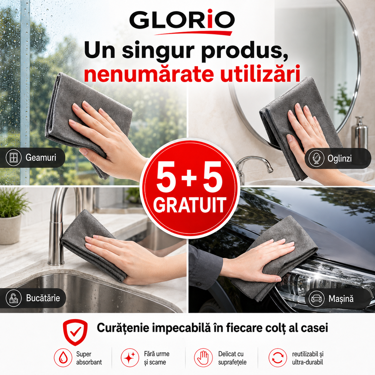 5+5 Gratuit!  Lavete Minune GLORIO 30x30 cm – Super Absorbante, Fără Urme, Glorio