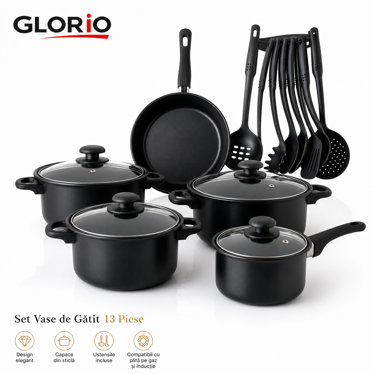 Set Vase de Gătit GLORIO – 13 Piese, cu Capace din Sticlă și Ustensile Incluse Glorio