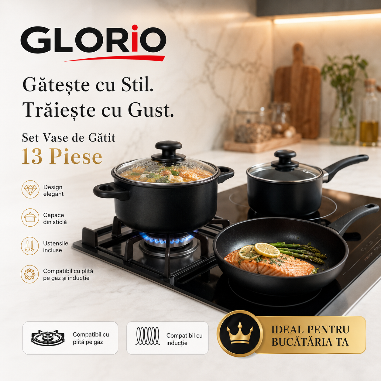 Set Vase de Gătit GLORIO – 13 Piese, cu Capace din Sticlă și Ustensile Incluse Glorio