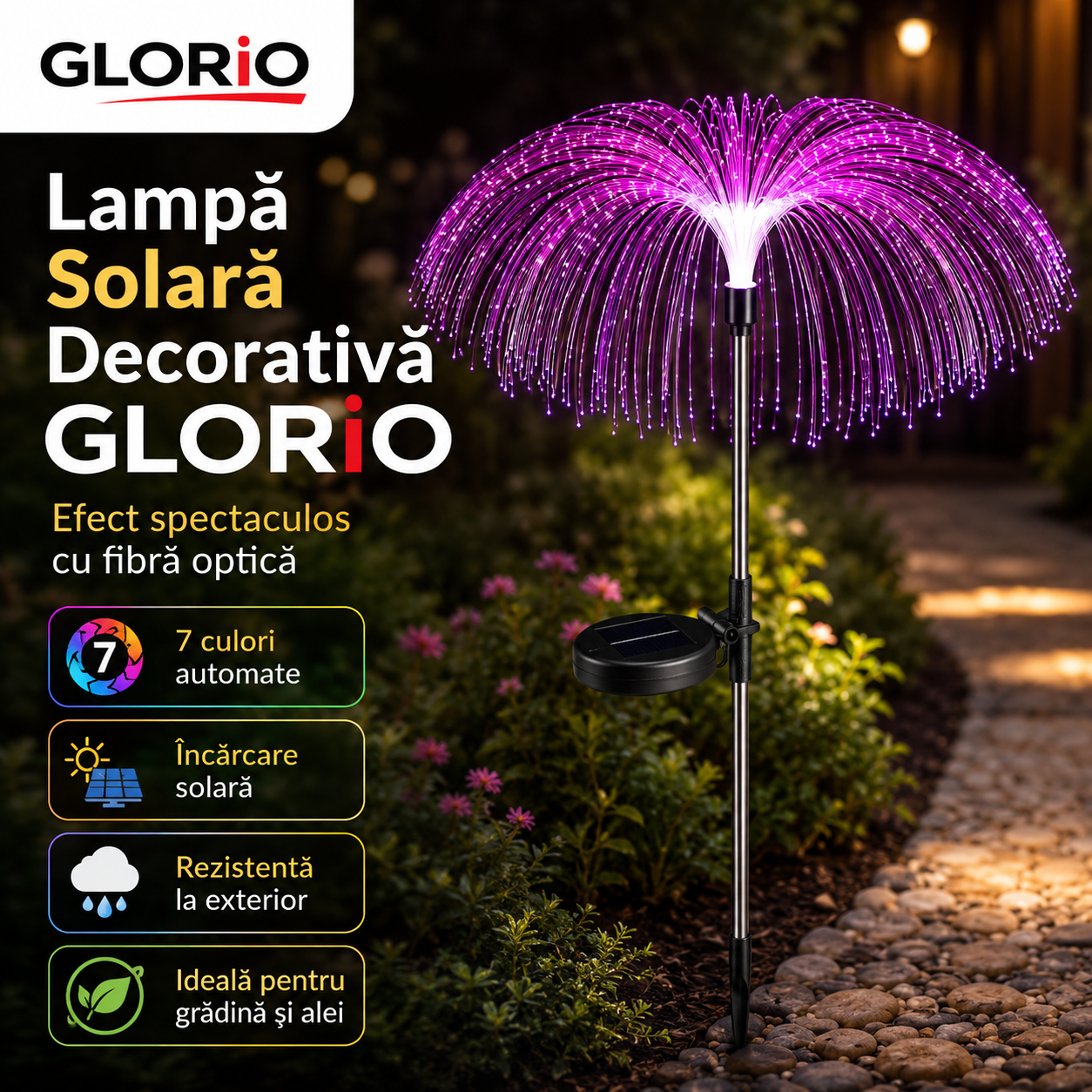 Set de Lampă Solară Decorativă tip Palmier GLORIO cu Fibră Optică – 7 Culori LED Glorio