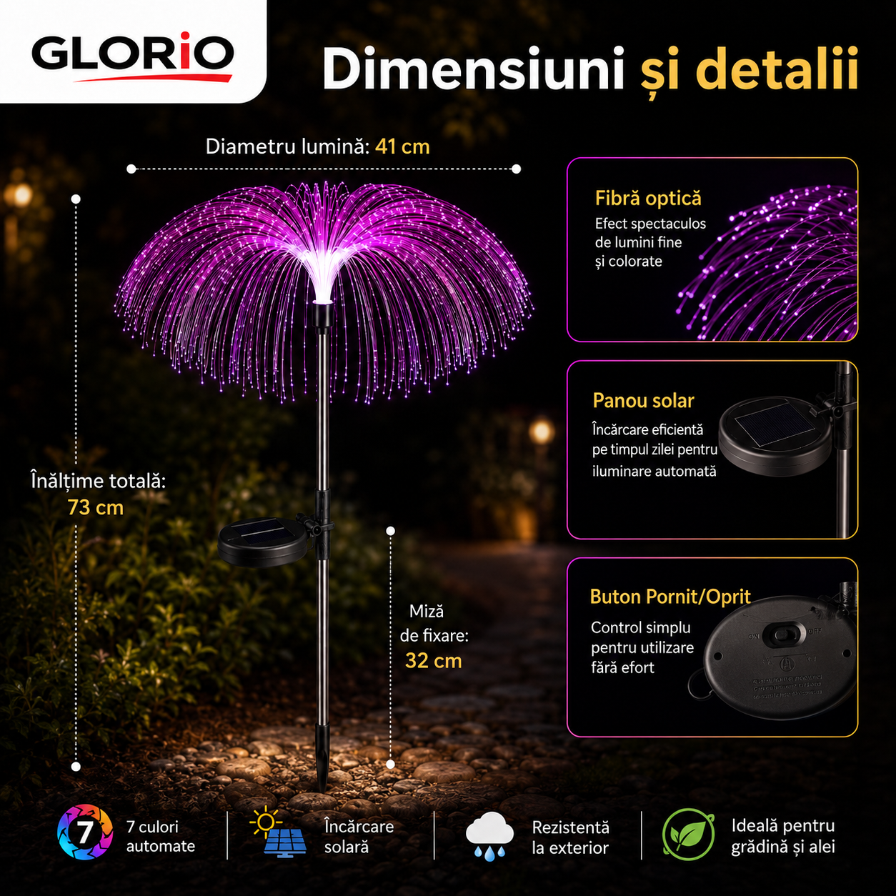 Set de Lampă Solară Decorativă tip Palmier GLORIO cu Fibră Optică – 7 Culori LED Glorio