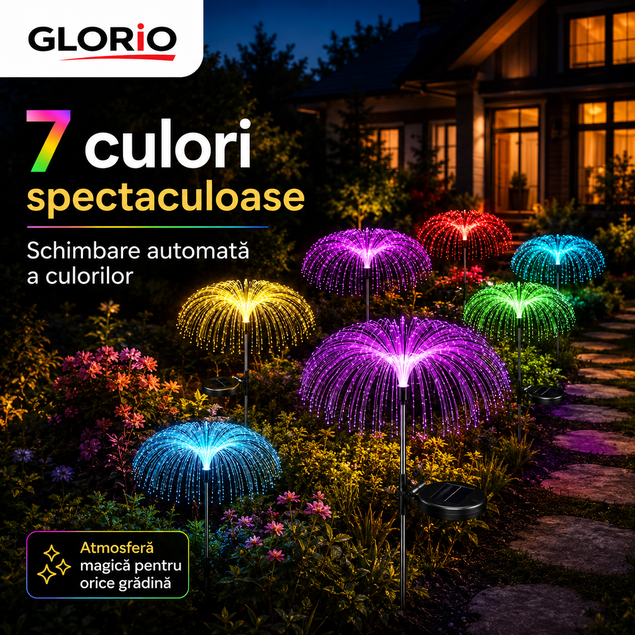 Set de Lampă Solară Decorativă tip Palmier GLORIO cu Fibră Optică – 7 Culori LED Glorio