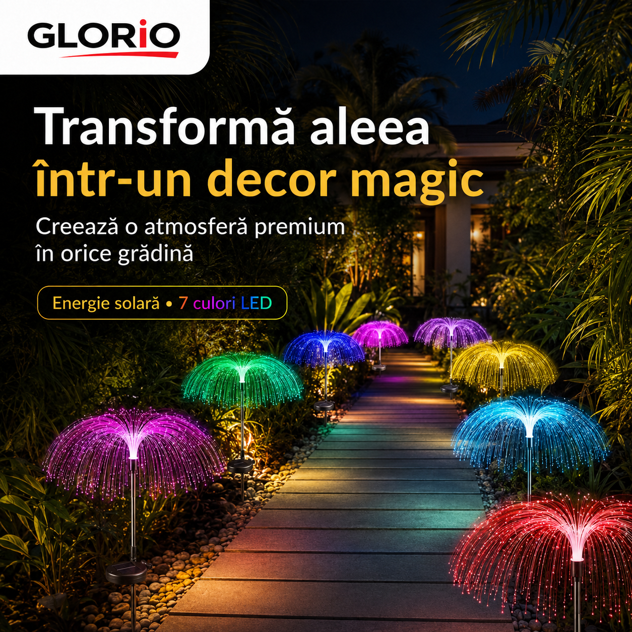 Set de Lampă Solară Decorativă tip Palmier GLORIO cu Fibră Optică – 7 Culori LED Glorio