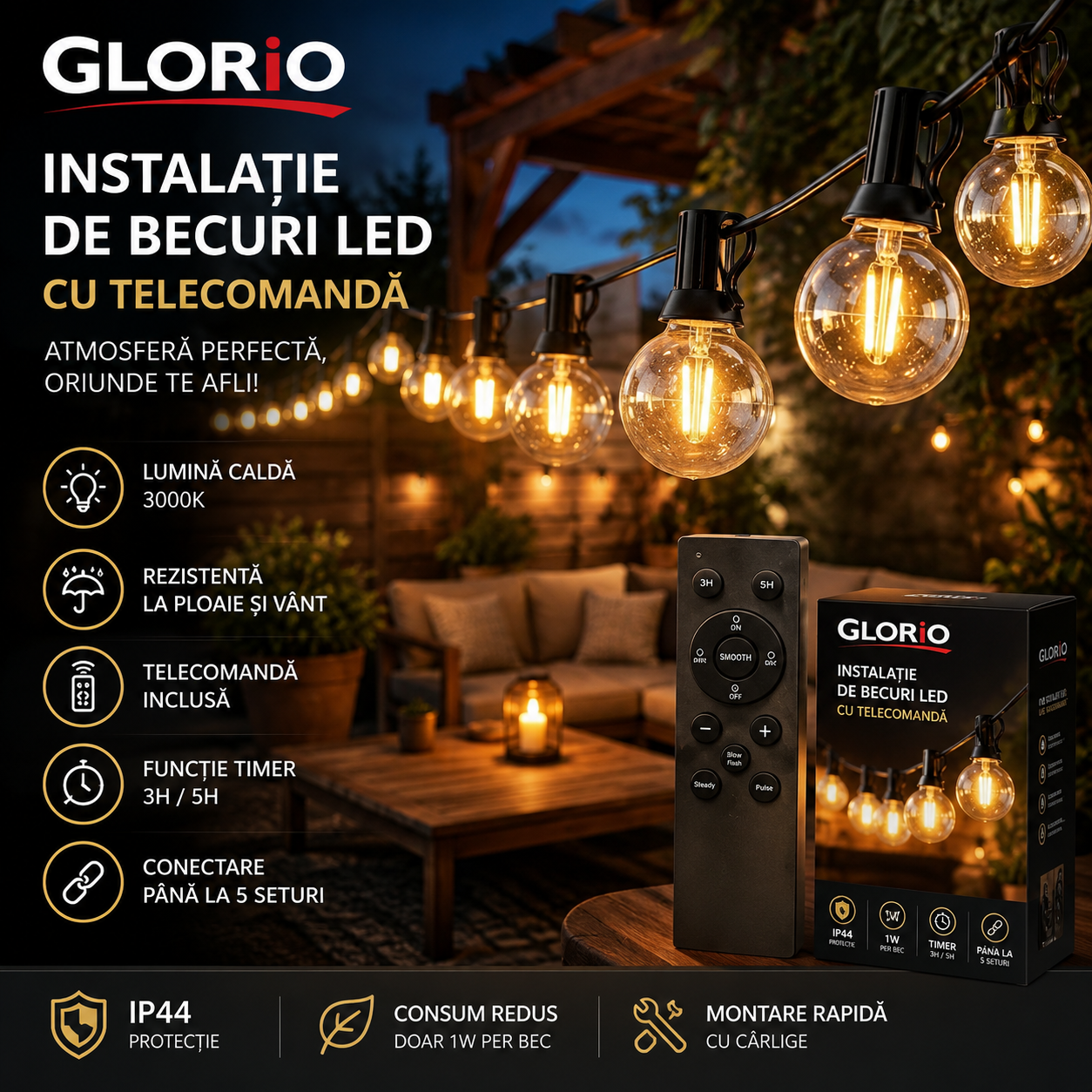 Instalație Luminoasă Decorativă Interconectabila GLORIO – Becuri LED pentru Terasă, Balcon și Grădină Glorio