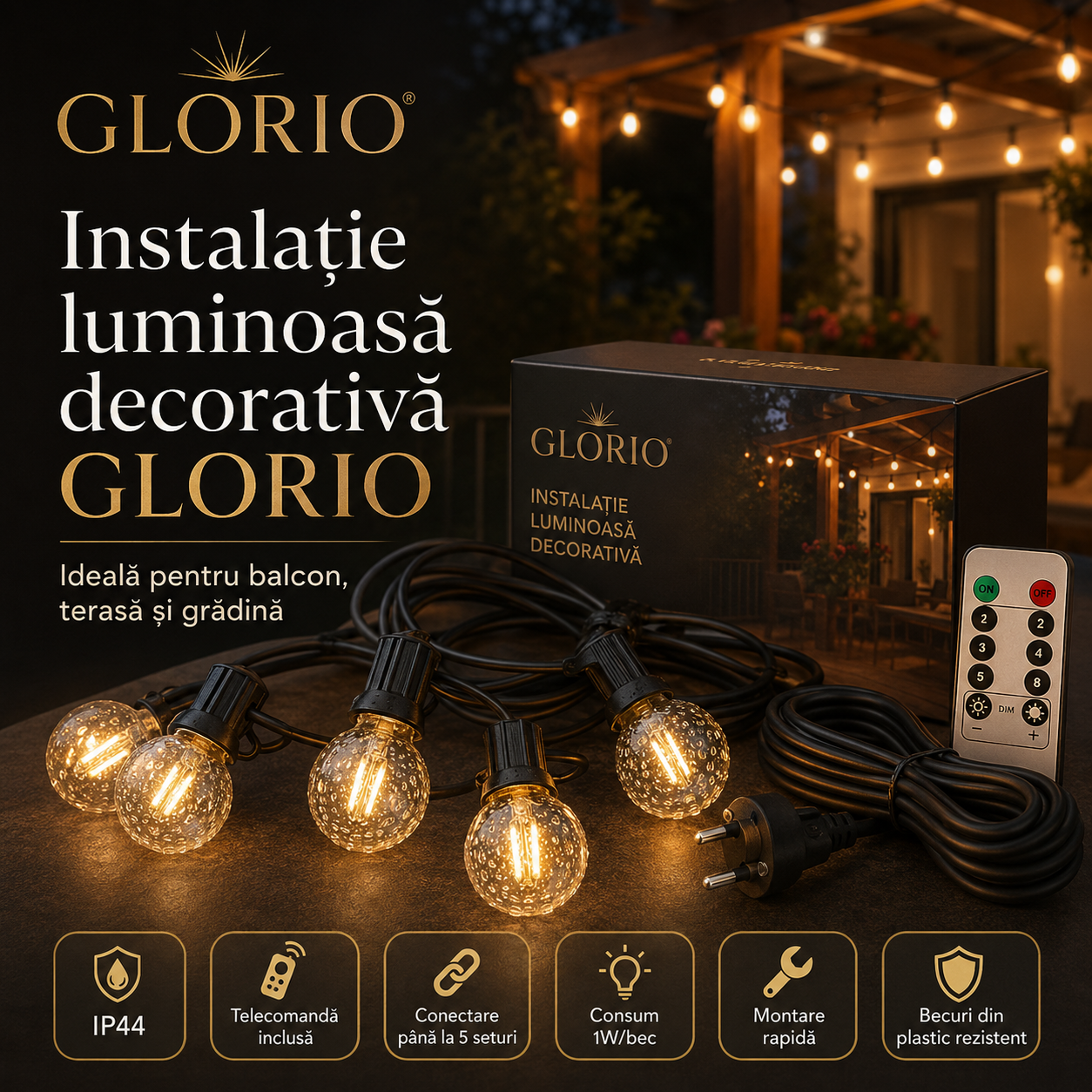 Instalație Luminoasă Decorativă Interconectabila GLORIO – Becuri LED pentru Terasă, Balcon și Grădină Glorio