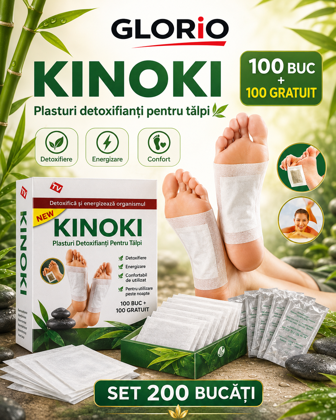 SET 100 + 100 GRATUIT ! Plasturi pentru tălpi Kinoki pentru detoxifierea oganismului Glorio