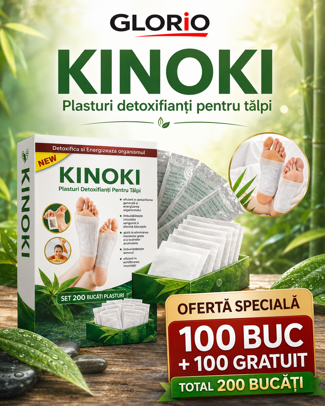 SET 100 + 100 GRATUIT ! Plasturi pentru tălpi Kinoki pentru detoxifierea oganismului Glorio