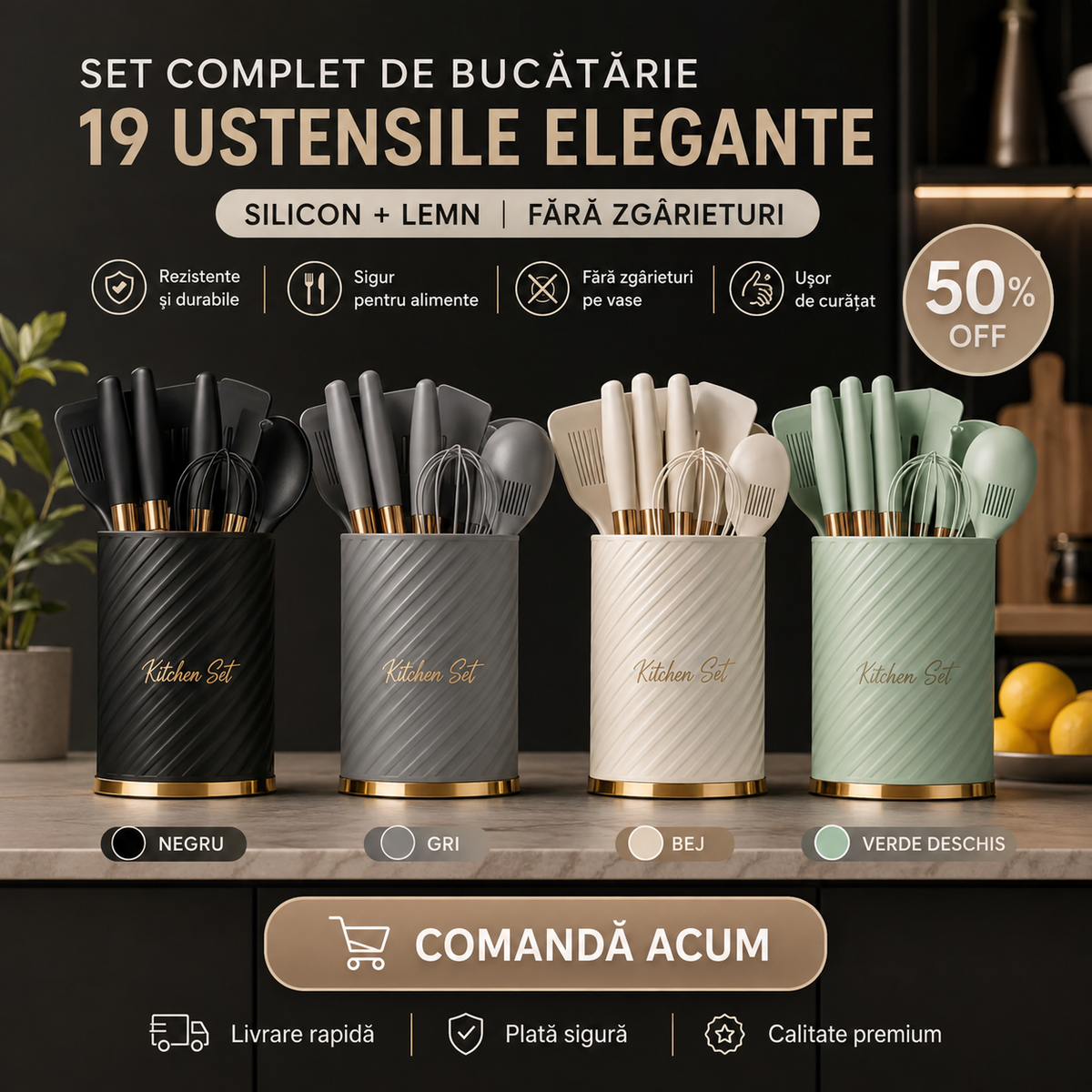 Set complet de bucătărie – 19 ustensile elegante (silicon + lemn) fără zgârieturi Glorio