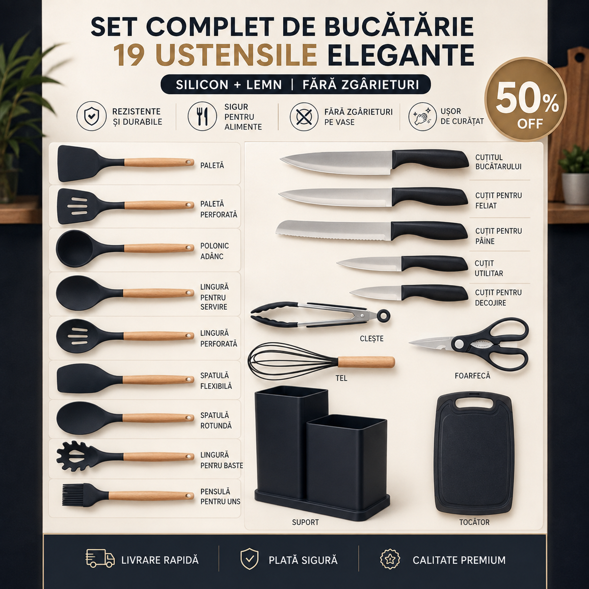 Set complet de bucătărie – 19 ustensile elegante (silicon + lemn) fără zgârieturi Glorio