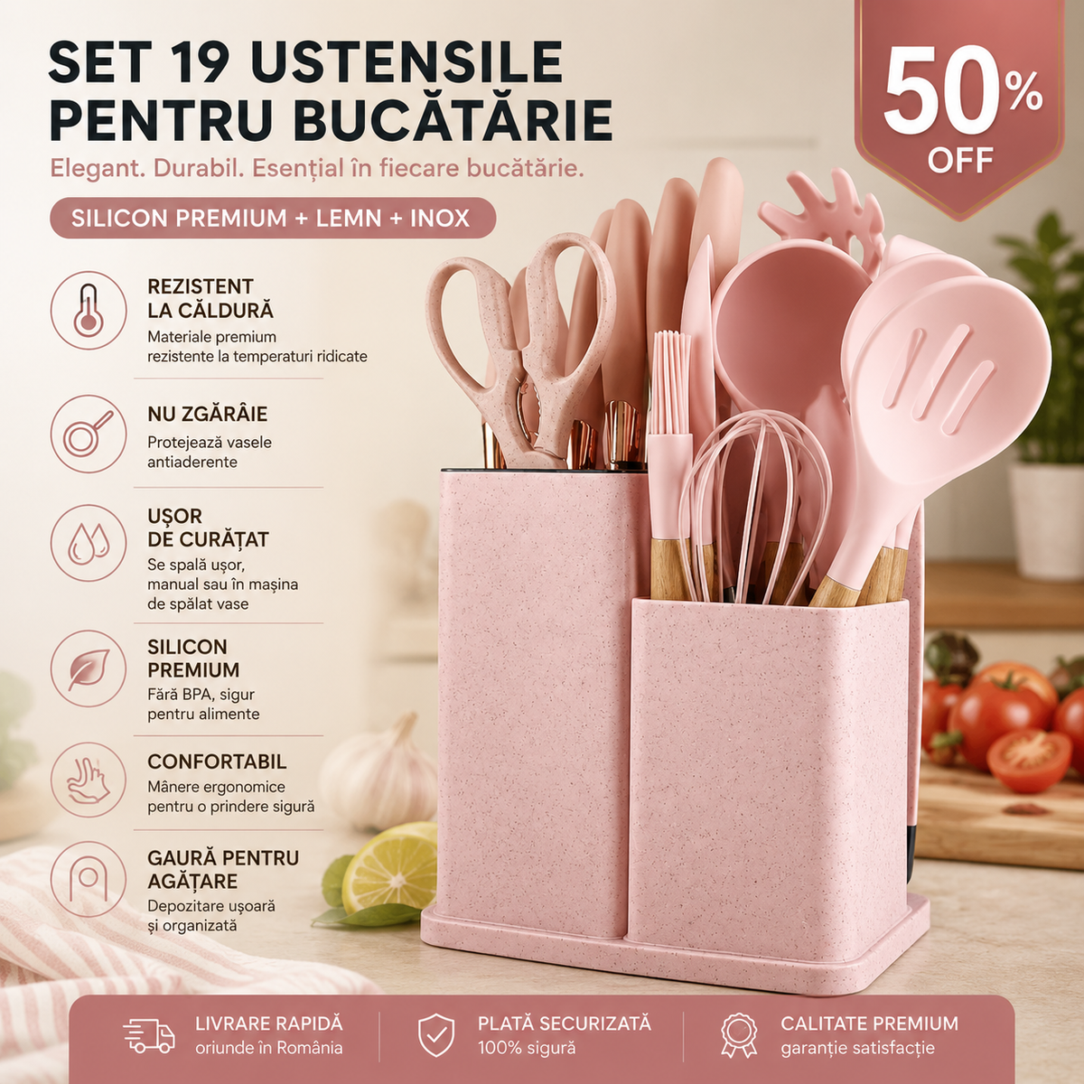 Set complet de bucătărie – 19 ustensile elegante (silicon + lemn) fără zgârieturi Glorio
