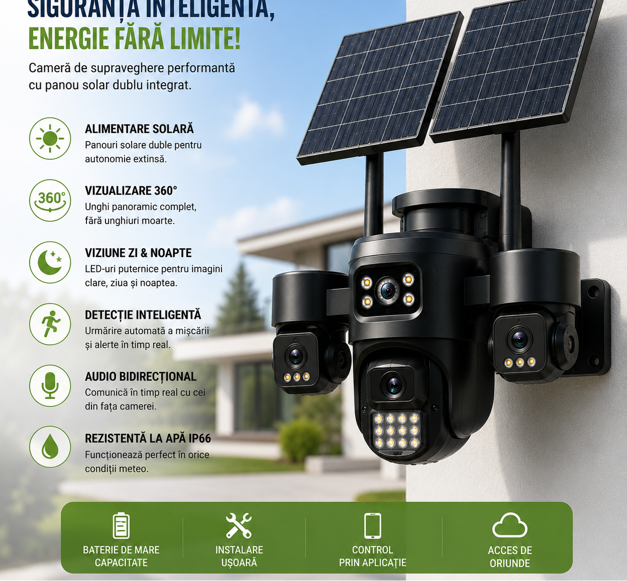 Camera Supraveghere 4G 12MP cu Panou Solar Dublu, 4 Camere 4MP, Human Tracking, Audio Bidirectional, IP66 Waterproof, TF Card & Cloud Storage, Control Telefon, Vedere 360°, Baterie Integrata Glorio